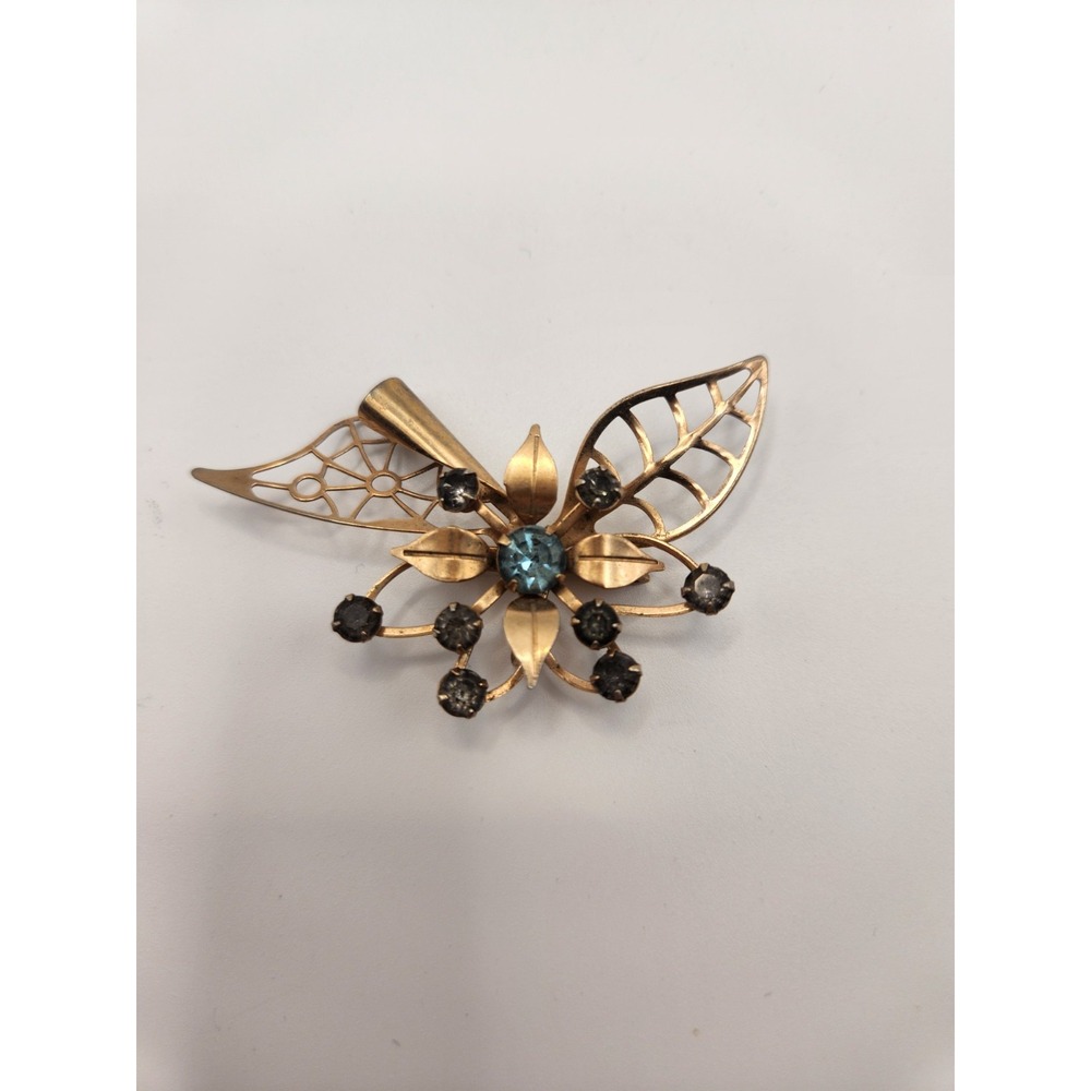 Vintage Gold Tone Butterfly Brooch Blue and Black Rhinestone‎ Floral Pin 2.25in